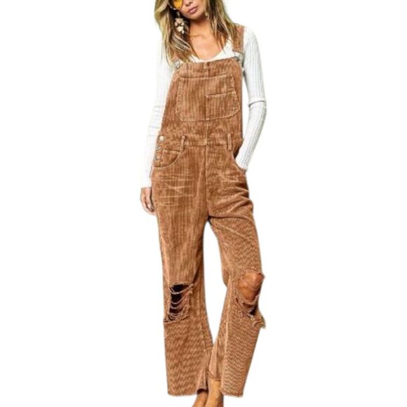 BiBi Camel Brown Vintage Distressed Corduroy Overalls M - Picture 1 of 5